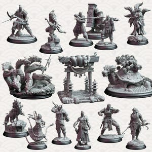 May include: A collection of detailed, gray miniature figurines depicting various mythical creatures and warriors. The set includes a multi-headed dragon, a turtle with a tree on its back, and several figures in battle poses, all on circular bases.