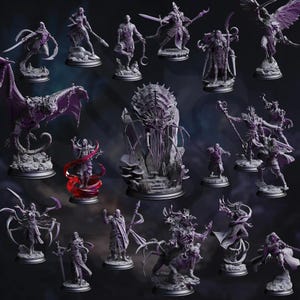 May include: A collection of detailed fantasy figurines in various poses, featuring characters with swords, staffs, and wings. The figures are predominantly purple and gray, with intricate designs and bases, suggesting a tabletop gaming or collectible theme.
