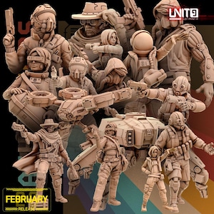 May include: A collection of beige-colored figurines depicting futuristic soldiers and characters, some holding weapons. The figures are in various poses, suggesting action and combat. The image includes the text "FEBRUARY RELEASE".