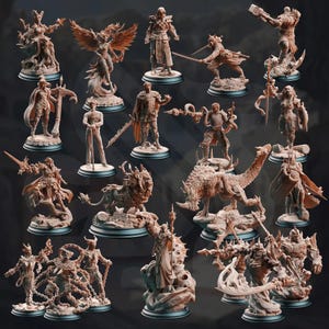 May include: A collection of detailed miniature figurines, likely for tabletop gaming or display. The figures depict various fantasy characters, including warriors, mythical creatures, and figures with weapons. The color palette is primarily shades of brown and tan, with intricate detailing.