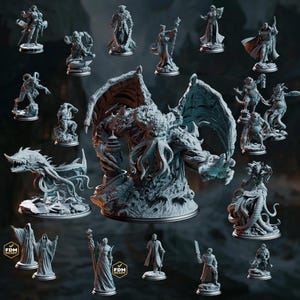 May include: A collection of grey resin tabletop gaming miniatures featuring a large central tentacled creature with wings, surrounded by various humanoid figures, monsters, and creatures, each mounted on a circular base, with FDM READY icons.