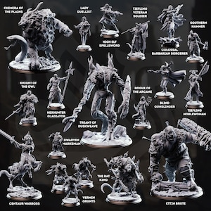 May include: A collection of unpainted miniature fantasy figures, including a Chimera, a Treant, and a Centaur. Each figure is on a small base and labeled with its name. The figures are designed for tabletop gaming and role-playing.