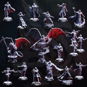 May include: A collection of detailed miniature figurines, featuring various fantasy characters. The figures are predominantly gray, with some having red accents, such as wings. Each figure is posed on a circular base, showcasing intricate designs and textures.