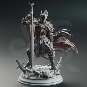 May include: A detailed figurine of a knight in armor, holding a large sword. The knight wears a crown and cape, standing on a base with fallen swords and a helmet. The color is a dark, metallic gray.