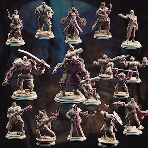 May include: A collection of detailed miniature figurines, featuring a variety of characters in steampunk and fantasy attire. The figures are predominantly shades of brown and purple, with intricate designs and poses, set on circular bases. The collection includes robots, soldiers, and figures with weapons.