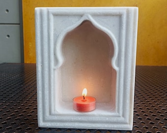 Handmade White Marble Shrine Candle Holder: Arched Niche Stand