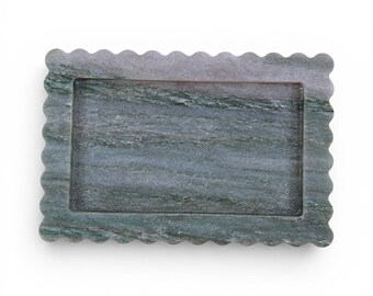 Green Aventurine Marble Tray: Pale Green Rectangular Scalloped Edges, Decorative Serving Vanity Tray (12x8 Inches)