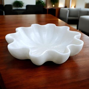 Decorative White Marble 12 Inch Ribbed Wave Ruffle Bowl Fruit Bowl for Home Decor For Housewarming Gift, Someone You Love