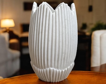 Hand Carved White Marble Scalloped Planter Vase - Home & Office Decor