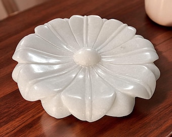 Handmade White Marble Floral Bowl: Ruffle Edge, 9 Inch Diameter