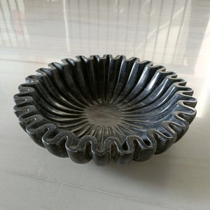 9 Inch Black Greyish Decorative Marble Ruffle Wave Ribbed Bowl Fruit Bowl for Home & Office, Gift for Someone you Love