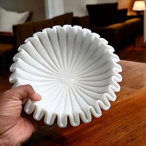 9 Inch Decorative White Marble Urli Ruffle Bowl Ribbed Wave  Fruit Bowl for Home & Office, Gift for Someone you Love