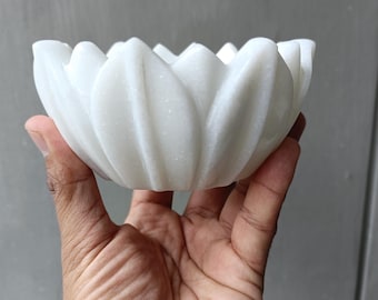 Handmade White Marble Lotus Bowl: Ribbed Wave Decor, 6 Inch