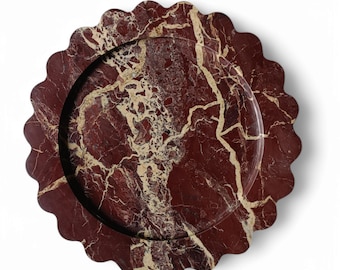 Bandeja de mármol Cherry Stone con borde festoneado: Bandeja redonda decorativa para servir, 28 cm de diámetro.