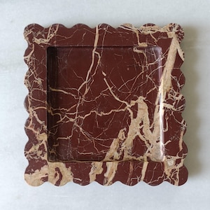 8 x 8 inches Square Shape Scalloped Cherry Gold Marble Tray: Decorative Vanity Jewellery & Key Holder