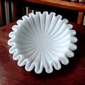 9 Inch Decorative White Marble Ribbed Wave Ruffle Bowl Fruit Bowl for Home & Office, Gift for Someone you Love
