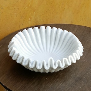 12 Inch Decorative White Marble Ribbed Wave Ruffle Bowl Fruit Bowl for Home Decor For a Housewarming Gift, Someone you Love