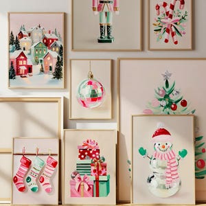 Paquete de 40 láminas de arte mural navideño / Decoración navideña para habitación infantil / Habitación infantil de invierno en rosa pastel / Galería festiva de moda / Descarga digital