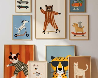 May include: A collection of framed art prints featuring whimsical animal illustrations. The artwork includes a bear on a skateboard, a dog on a scooter, and a cheetah wearing sunglasses. The color palette includes orange, blue, and brown tones.