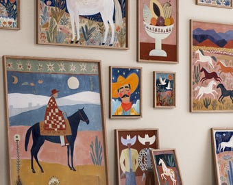 Arte mural del suroeste, impresiones de caballos del desierto, decoración vaquera, descarga digital de arte popular, galería rústica bohemia, set de impresiones del oeste.