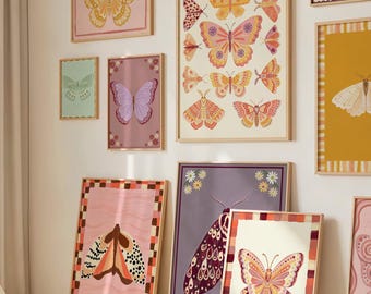 Zestaw 25 grafik ściennych do pokoju dziecięcego z motywem motyli, pastelowe motyle i ćmy do druku, dekoracja pokoju dla dziewczynki, wersja cyfrowa