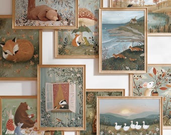 May include: A collection of framed art prints featuring woodland animal illustrations. The artwork includes a sleeping bear, foxes, a badger, and geese in various nature scenes. Each print has a gold-colored frame.