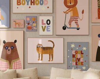 Paquete de arte de pared para habitación infantil, 130 láminas maximalistas divertidas, decoración para sala de juegos infantil, galería de pared imprimible llamativa.