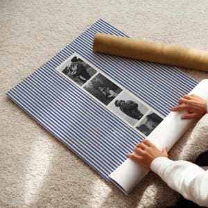 May include: A blue and white striped mat with a series of black and white photographs. A rolled-up white paper and a brown paper tube are also present. The photographs appear to be of people in various poses.