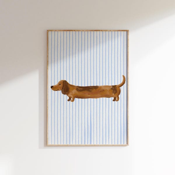 Dachshund Wall Art Print, Blue Stripe Home Decor, Sausage Dog Poster, Wiener Dog Printable
