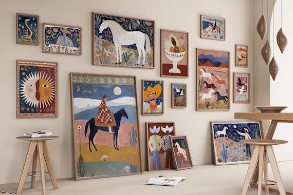 Southwestern Wall Art Bundle, Desert Horse Prints, Cowgirl Decor, Folk Art Digital Download, Rustic Boho Gallery, Western Printable Set