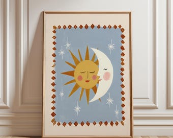 Lámina infantil "Sol, Luna y Beso", Arte de pared celestial para habitación de bebé, Decoración infantil bohemia, Descarga digital