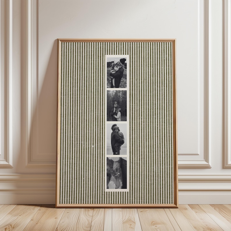 May include: A framed art piece featuring four black and white photographs. The frame is a light wood color, and the background has a green and white striped pattern. The photographs appear to be of people.