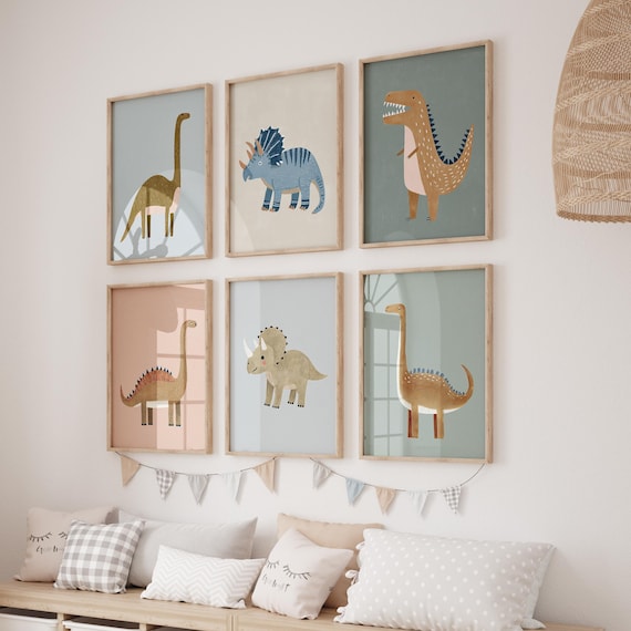 Dinosaur Wall Art Set – 60 Dino Prints for Kids Room, Boys Nursery Decor, Modern Animal Illustrations