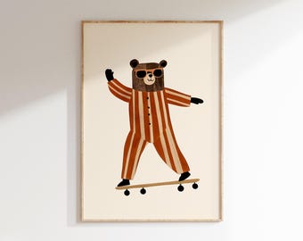 Lámina infantil con un oso en monopatín, arte de pared de animales para la habitación de los niños, descarga digital
