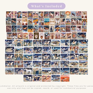 Op de afbeelding: Een verzameling rechthoekige kunstprints met aquarel illustraties van paarden, cowboys en woestijnlandschappen. De prints zijn in verschillende kleuren, waaronder blauw, oranje en bruin. De tekst "What's Included" staat bovenaan.