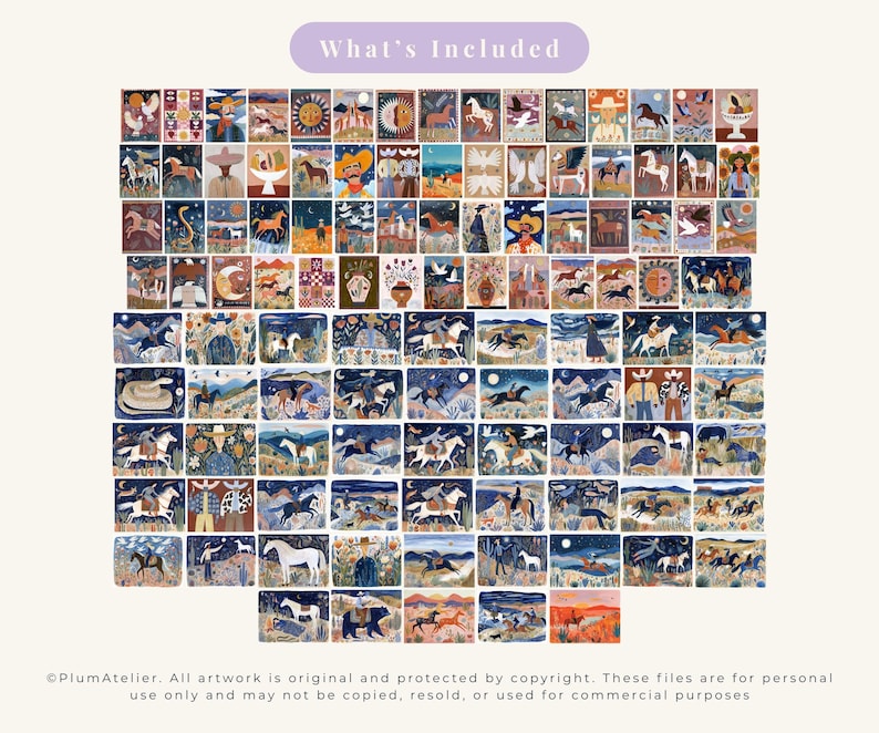 Op de afbeelding: Een verzameling rechthoekige kunstprints met aquarel illustraties van paarden, cowboys en woestijnlandschappen. De prints zijn in verschillende kleuren, waaronder blauw, oranje en bruin. De tekst "What's Included" staat bovenaan.