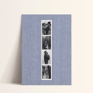 May include: A vertical photo card with a blue and white striped pattern background. Four black and white photographs are arranged vertically in a white frame. The photos appear to be of a couple.