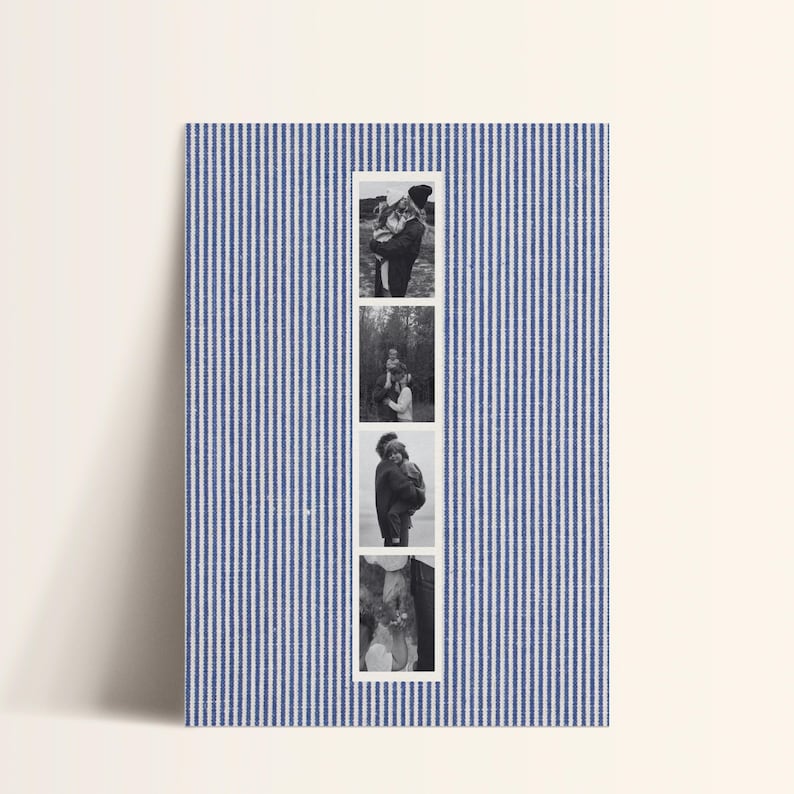 May include: A vertical photo card with a blue and white striped pattern background. Four black and white photographs are arranged vertically in a white frame. The photos appear to be of a couple.