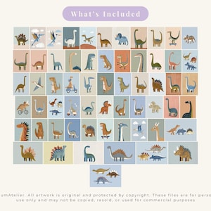 May include: A set of 56 dinosaur illustrations in a variety of colours, including blue, orange, and green. Each print features a different dinosaur on a rectangular background. The text "What's Included" is at the top.