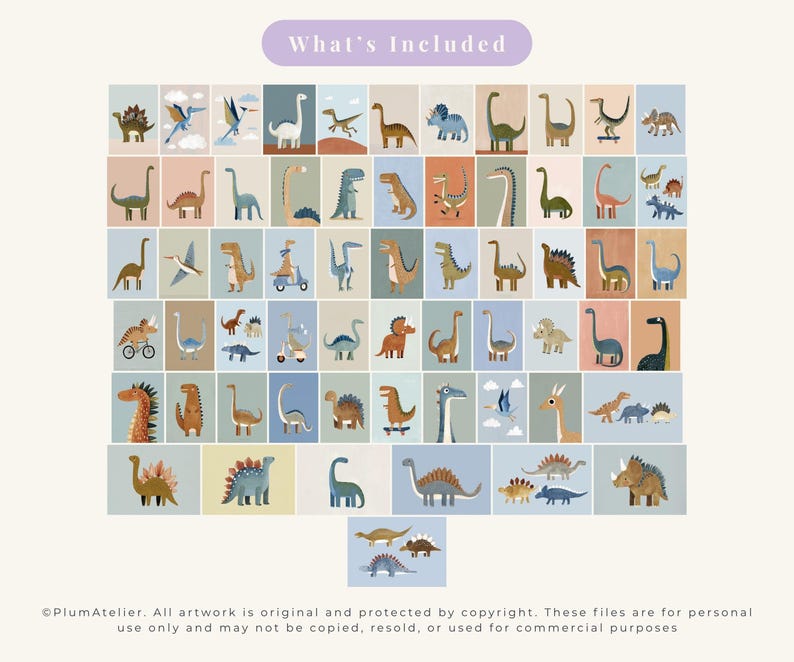 May include: A set of 56 dinosaur illustrations in a variety of colours, including blue, orange, and green. Each print features a different dinosaur on a rectangular background. The text "What's Included" is at the top.