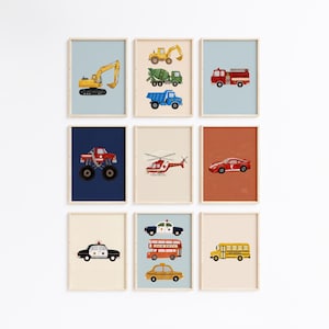 Watercolor Vehicle Prints Bundle, Construction Emergency Cars Trucks, Kids Room Wall Art, Set of 35 Digital Downloads