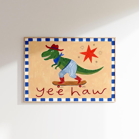 Yee Haw Dinosaur Print, Cowboy T-Rex Kids Room Wall Art Printable, Digital Download