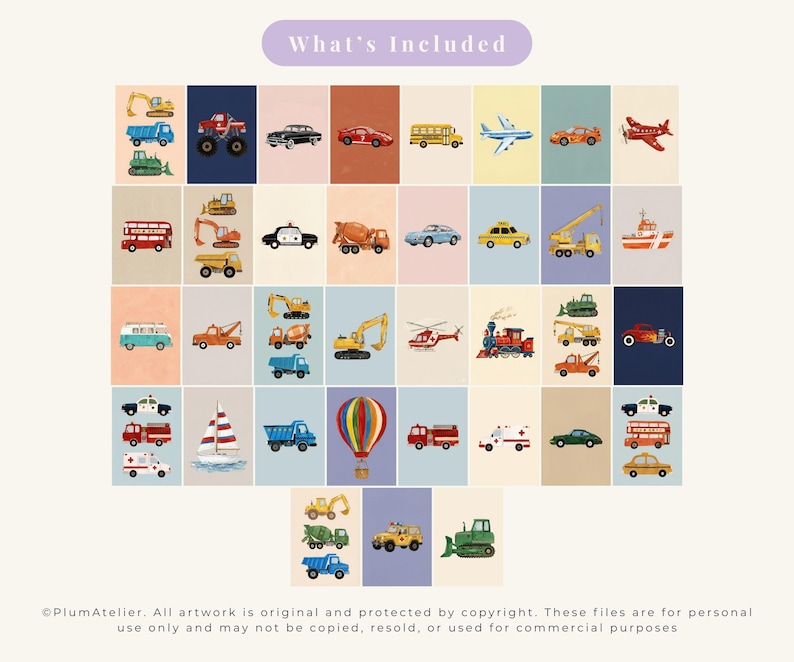 Pu&ograve; includere: Una collezione di illustrazioni colorate di vari veicoli, tra cui auto, camion, aerei e macchinari edili, disposti su uno sfondo chiaro. Il testo "What's Included" &egrave; in alto. L'opera d'arte &egrave; originale e protetta da copyright.