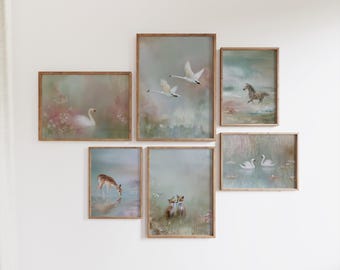 Lote de 30 láminas de animales vintage para pared, decoración infantil de estilo cottagecore, arte de bosque caprichoso, juego de dormitorio infantil en tonos pastel.