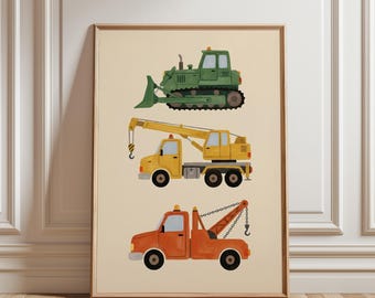 Vehicle Wall Art for Kids Room, Construction Prints Set, Excavator Cement Truck Nursery Decor, Boys Playroom Digital Download