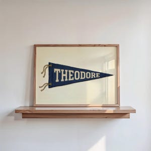 Puede incluir: Un banderín enmarcado con el nombre "THEODORE" en letras blancas sobre un fondo azul marino. El banderín está enmarcado en un marco de madera marrón claro y cuelga de una estantería de madera.
