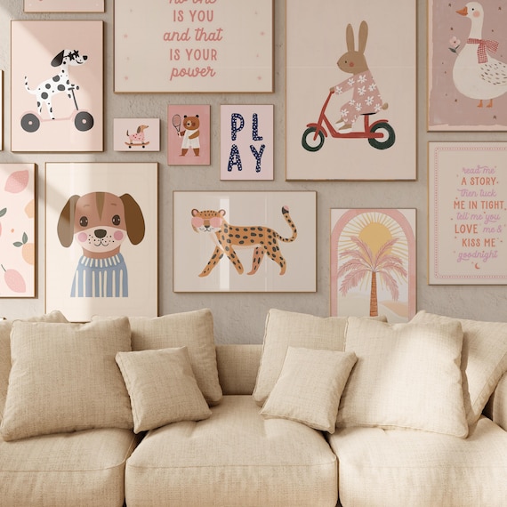 Girls Room Wall Art Bundle, Pink Nursery Prints, Playroom Decor Set, Bunny Dog Leopard Art, Modern Kids Gallery Wall, Digital Download