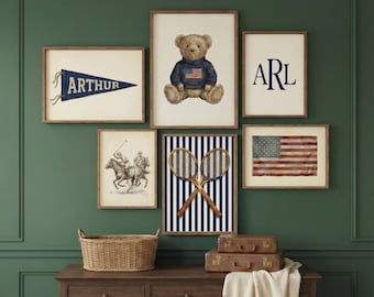 Personalized Preppy Nursery Wall Art Set 6 Prints, Ralph Teddy Bear Boy Room Decor, Custom Name Monogram Vintage Sports Digital Download