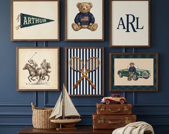 Personalized Preppy Nursery Art, Ralph Teddy Bear, Vintage Sports Kids Room (Digital Download)