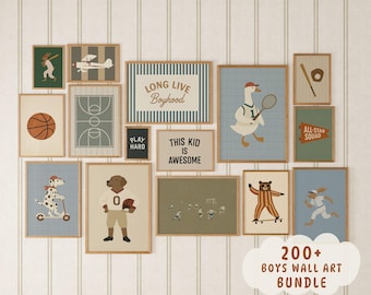 Vintage Sports Nursery Prints Set, Boys Athletic Room Wall Art, Digital Download